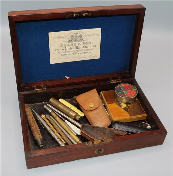 Misc collectables, inc a Meerschaum pipe, cheroot holder, campaign set etc & a Deane & Son pistol case